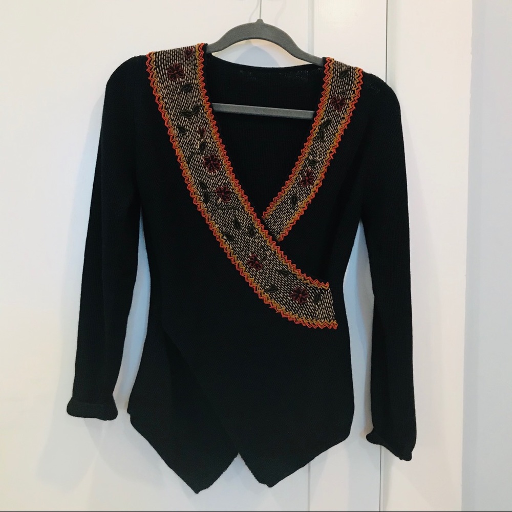 Peruvian Artisan‎ Floral Embroidered V-Neck Knit Sweater Black Small